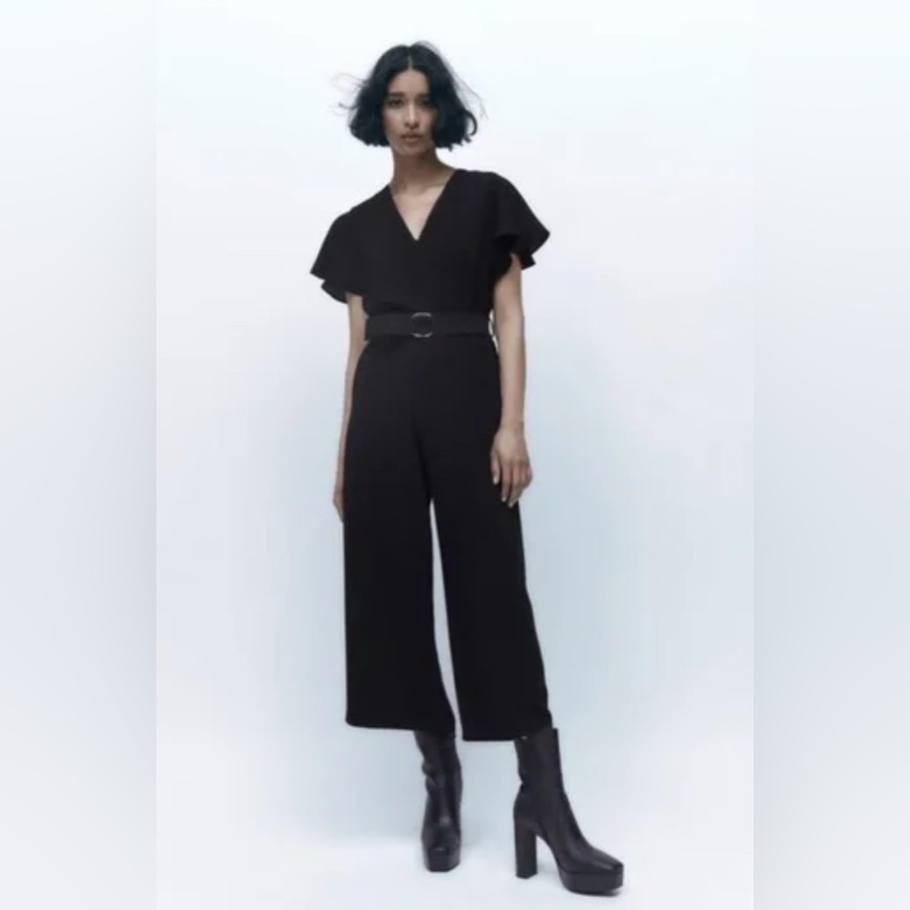 Zara Chic Black Cropped Wide Leg Jumpsuit